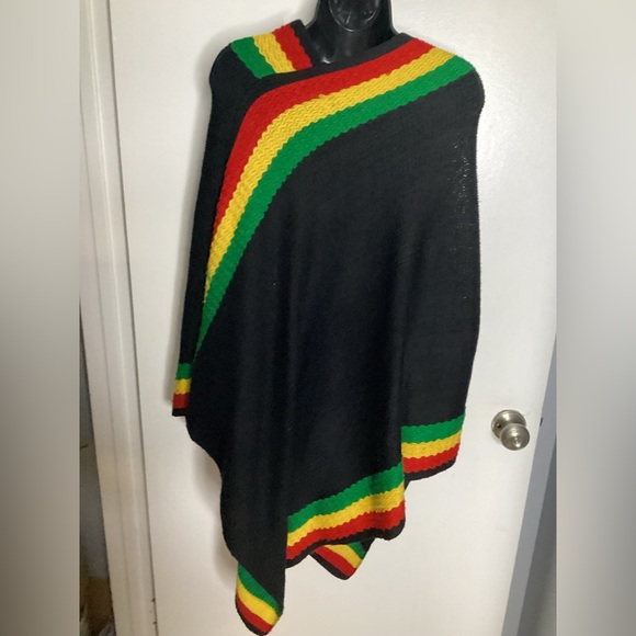 Elegant Black Rasta Poncho with Colorful Stripes - Picture 8 of 14